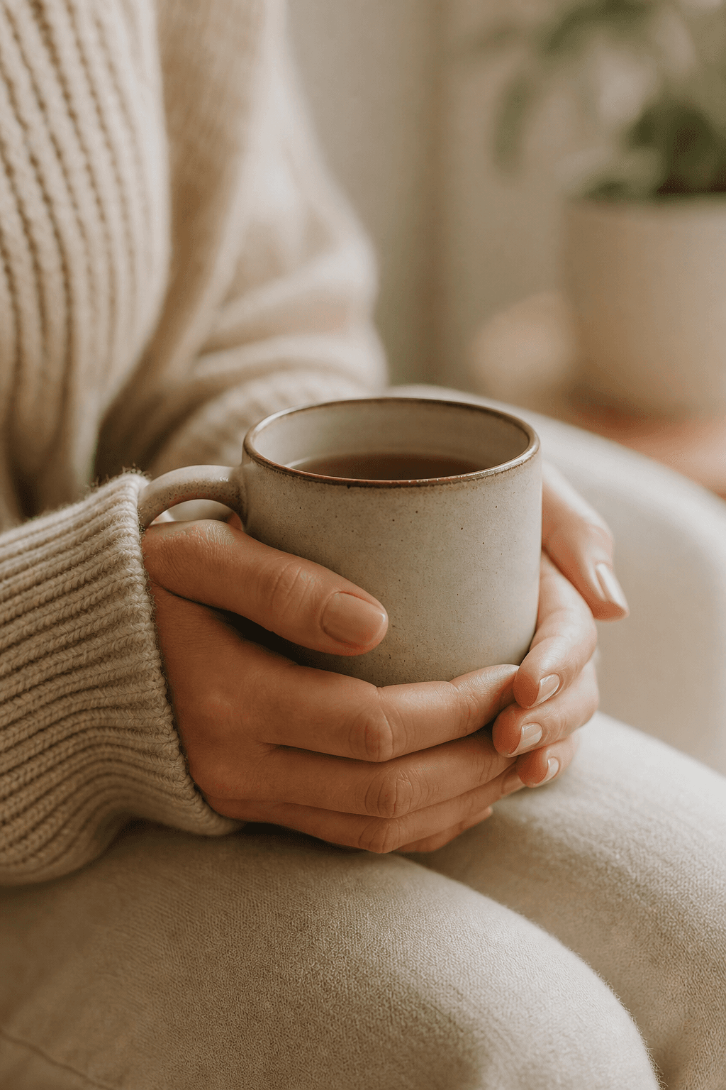 Manos sosteniendo una taza en un ambiente cálido y tranquilo.